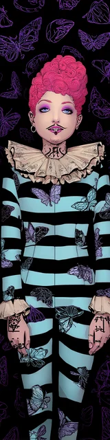 Free vampire bookmark featuring a striped jester-style vampire